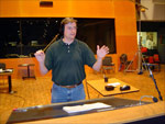 A closeup view of Sam as he conducts a rehearsal of his cue from the podium at Paramount Studios Scoring Stage M